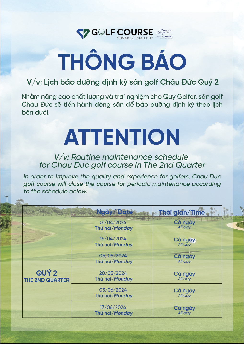 THÔNG BÁO LỊCH BẢO DƯỠNG ĐỊNH KỲ SÂN GOLF CHÂU ĐỨC