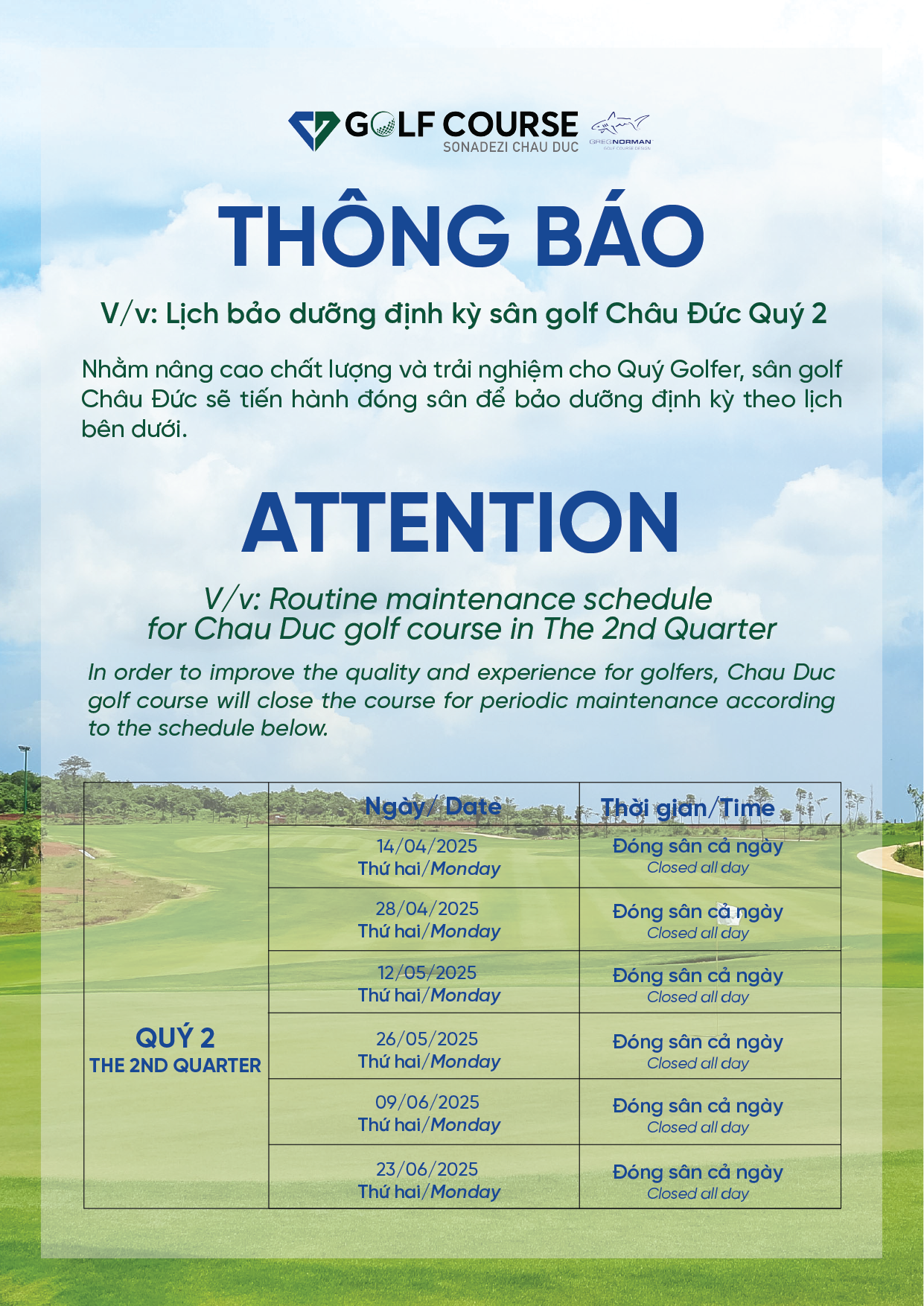THÔNG BÁO LỊCH BẢO DƯỠNG ĐỊNH KỲ SÂN GOLF CHÂU ĐỨC