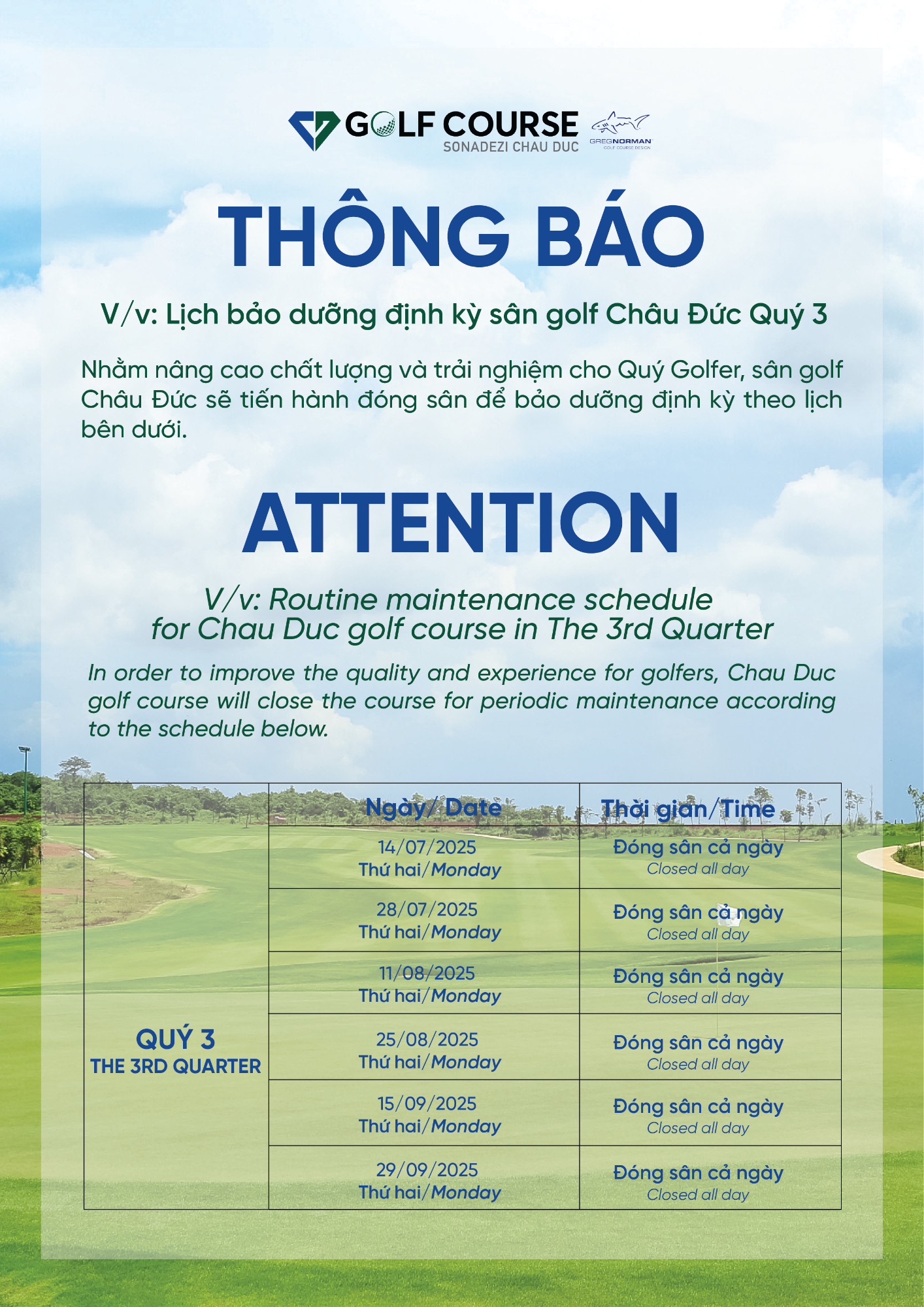 THÔNG BÁO LỊCH BẢO DƯỠNG ĐỊNH KỲ SÂN GOLF CHÂU ĐỨC
