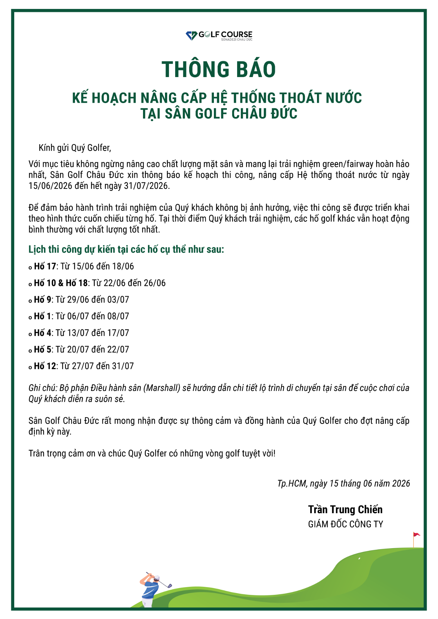 KẾ HOẠCH NÂNG CẤP HỆ THỐNG THOÁT NƯỚC TẠI SÂN GOLF CHÂU ĐỨC
