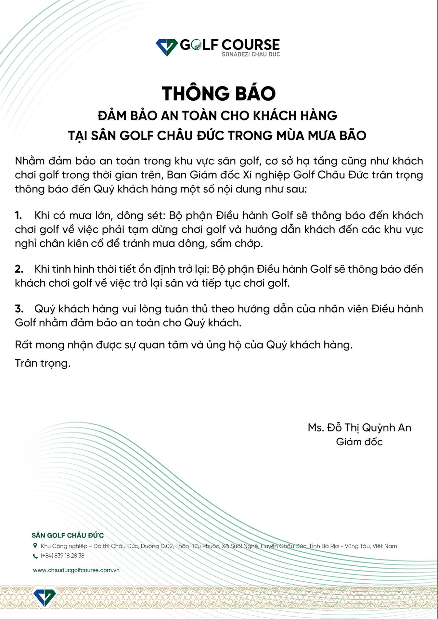 THÔNG BÁO ĐẢM BẢO AN TOÀN CHO KHÁCH HÀNG TẠI SÂN GOLF CHÂU ĐỨC TRONG MÙA MƯA BÃO