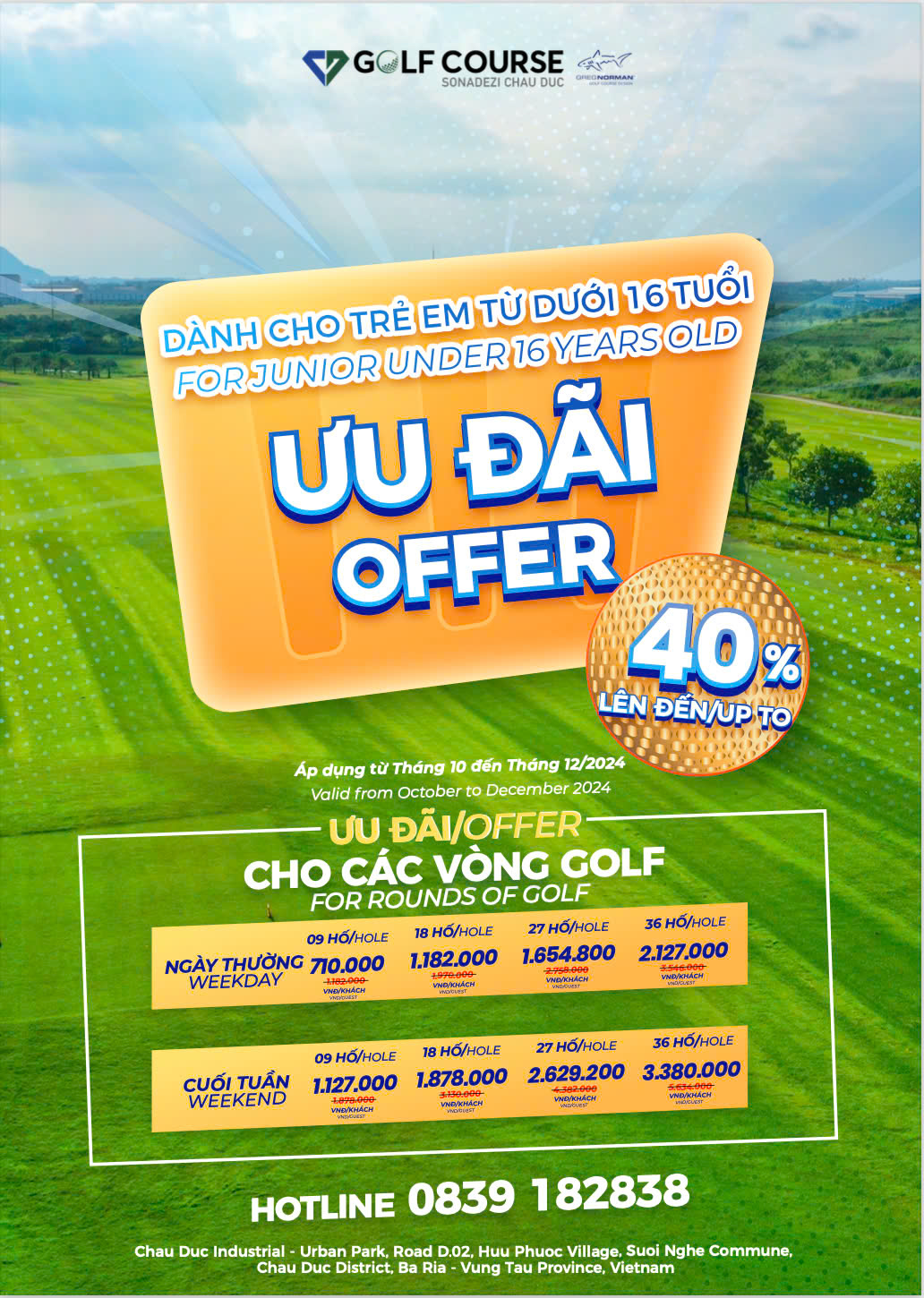 ƯU ĐÃI ĐẶC BIỆT DÀNH CHO KHÁCH HÀNG JUNIOR TẠI SÂN GOLF CHÂU ĐỨC